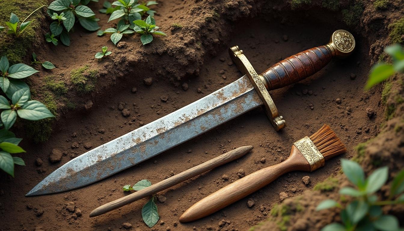 découvrez l'aventure captivante d'une maman jardinière qui déterre une épée mystérieuse dans son jardin. plongez avec elle dans un voyage à travers le temps et les époques pour comprendre l'origine fascinante de cet objet ancien.