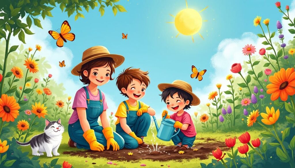 découvrez les joies et les défis du jardinage en famille à travers un dessin humoristique de becky barnicoat. une œuvre qui illustre avec tendresse et humour les moments inoubliables et les petites mésaventures des enfants dans le jardin.