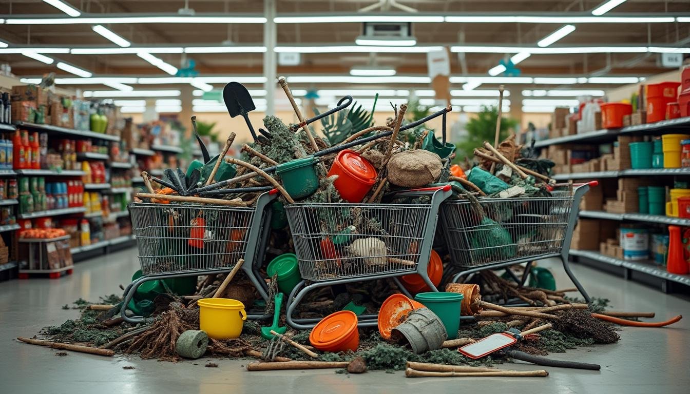découvrez le témoignage d’un employé de home depot choqué, dévoilant une photo de chariots remplis de produits de jardinage jetés. il déplore ce gaspillage et affirme : 'ce n’est pas notre décision'.